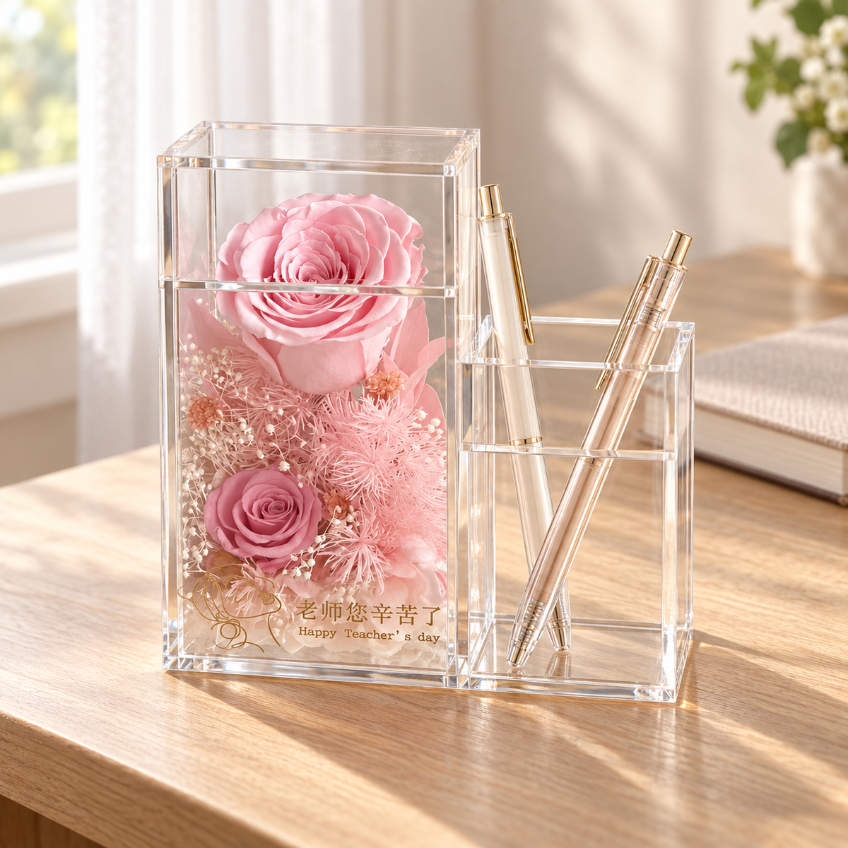 Pink Rose Desk Organizer & Pen Holder — Teacher Appreciation Gift