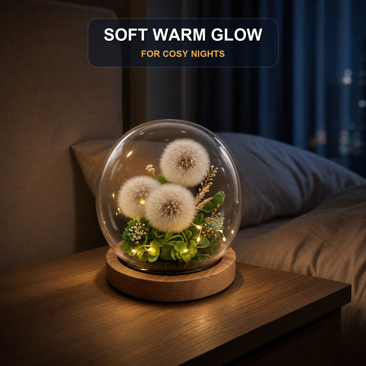 Preserved Dandelion Glass Dome with Warm LED Lights and Wooden Base, Botanical Decorative Light Gift for Birthday and Home Decor-thumbmail-3