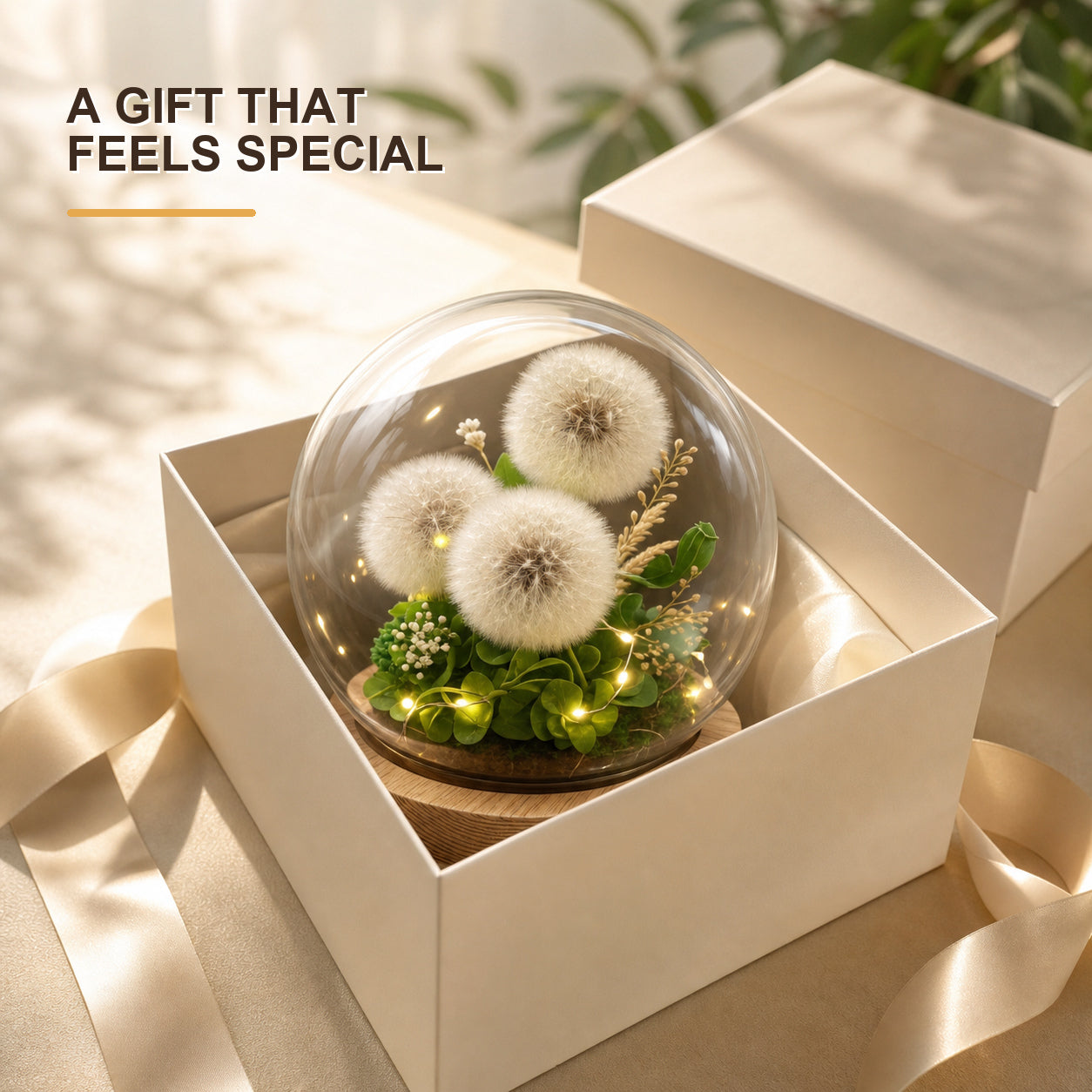 Preserved Dandelion Glass Dome with Warm LED Lights and Wooden Base, Botanical Decorative Light Gift for Birthday and Home Decor-thumbmail-4