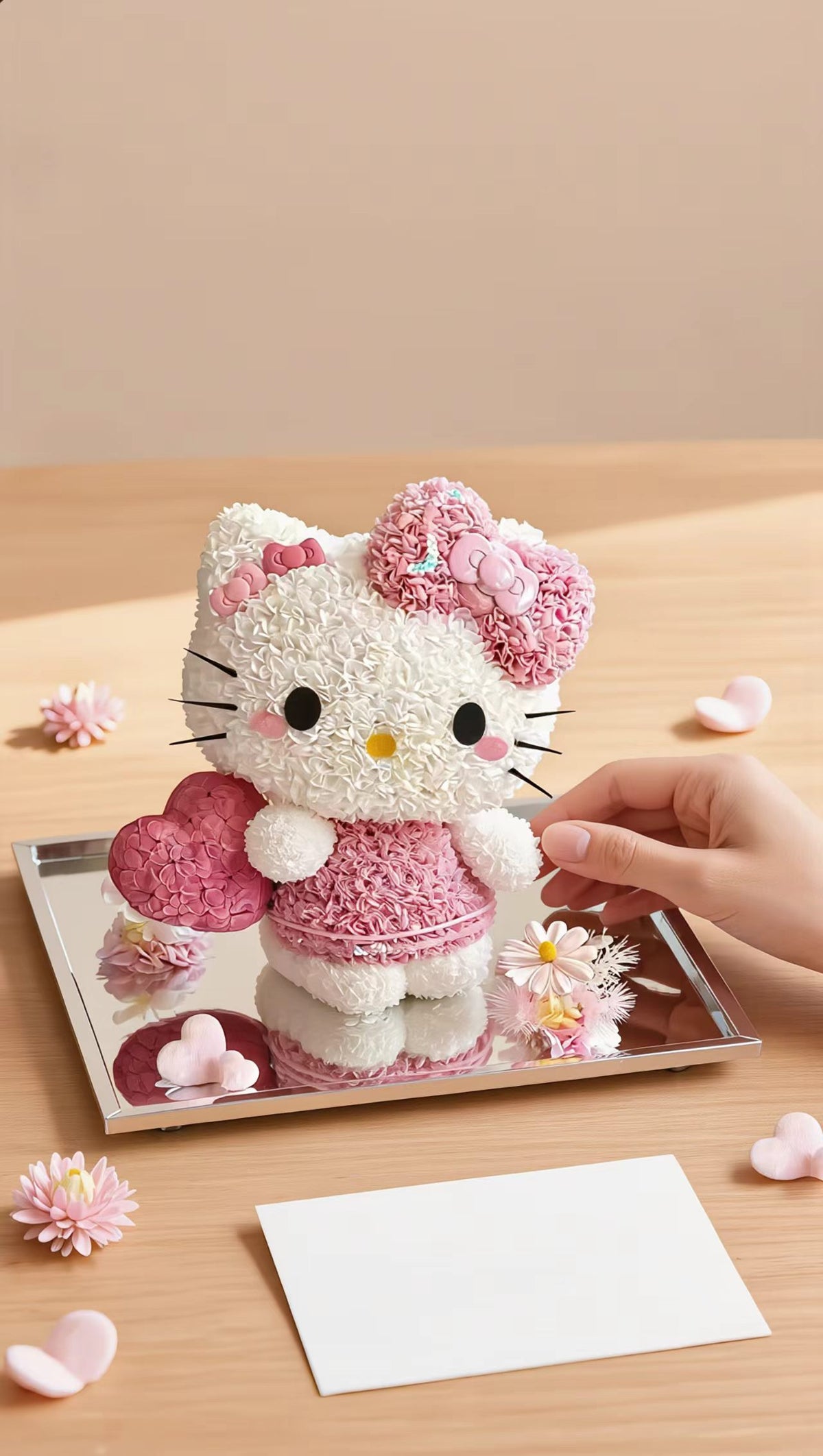 Pink & White Kitty Floral Arrangement with Heart & Bow