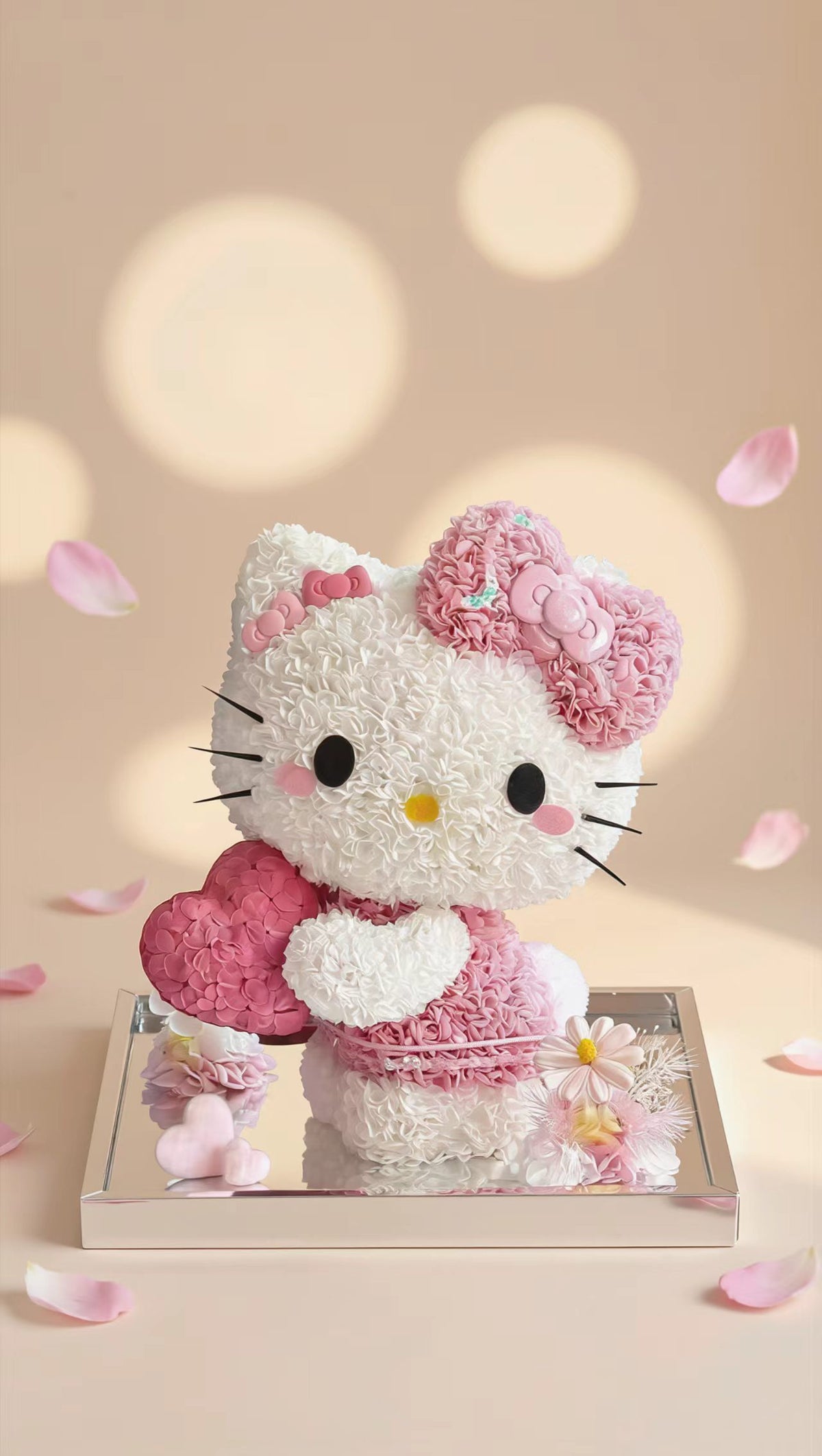 Pink & White Kitty Floral Arrangement with Heart & Bow