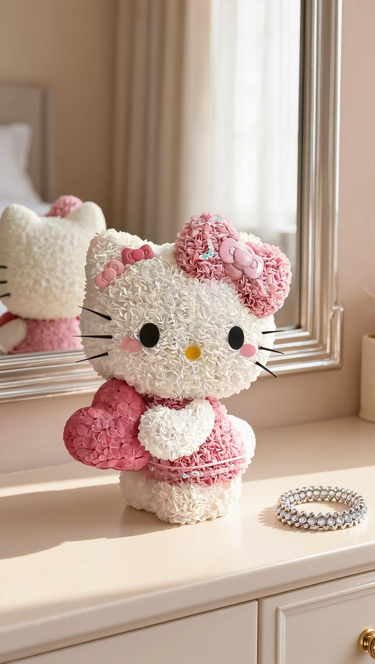 Pink & White Kitty Floral Arrangement with Heart & Bow