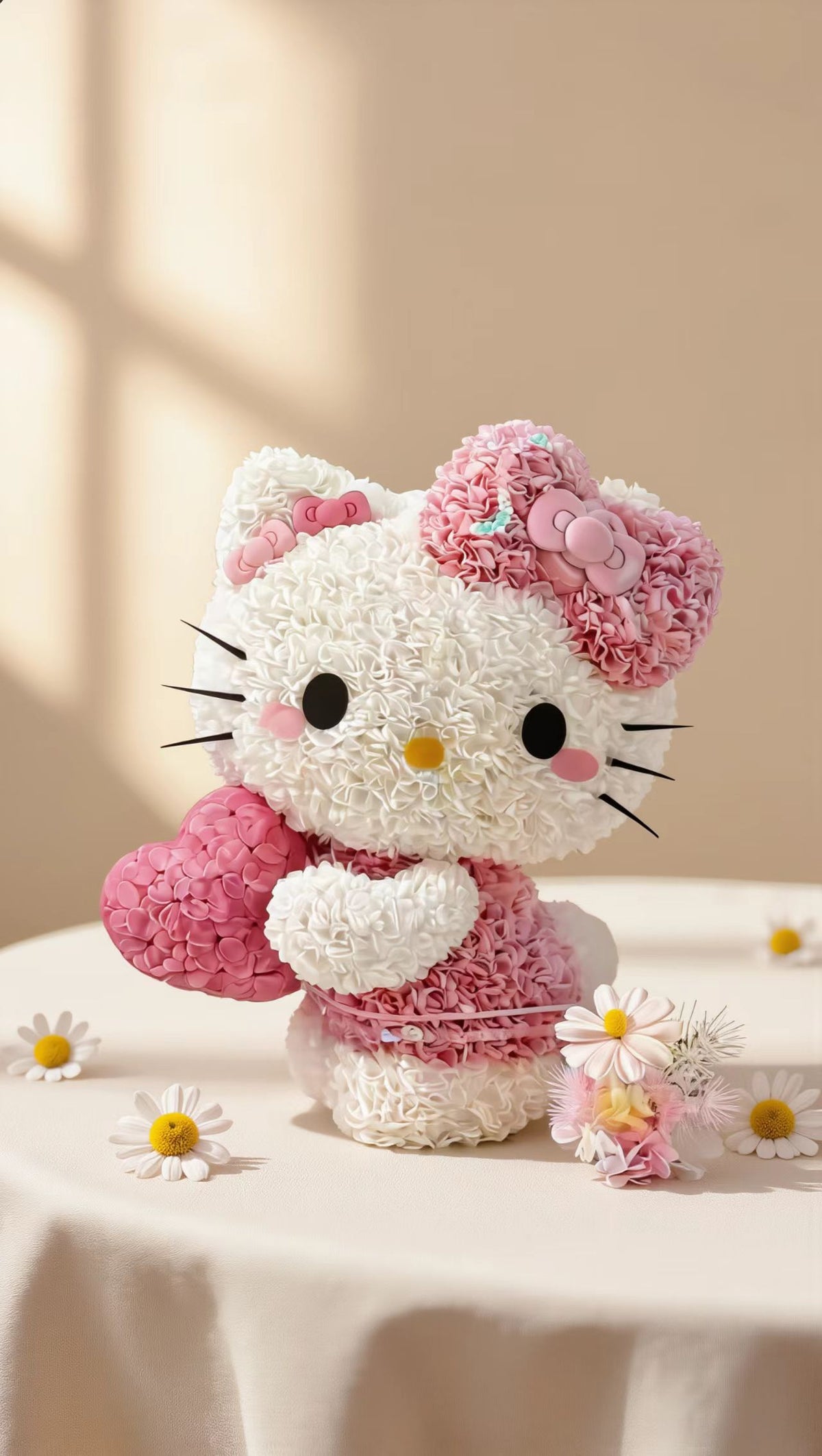 Pink & White Kitty Floral Arrangement with Heart & Bow
