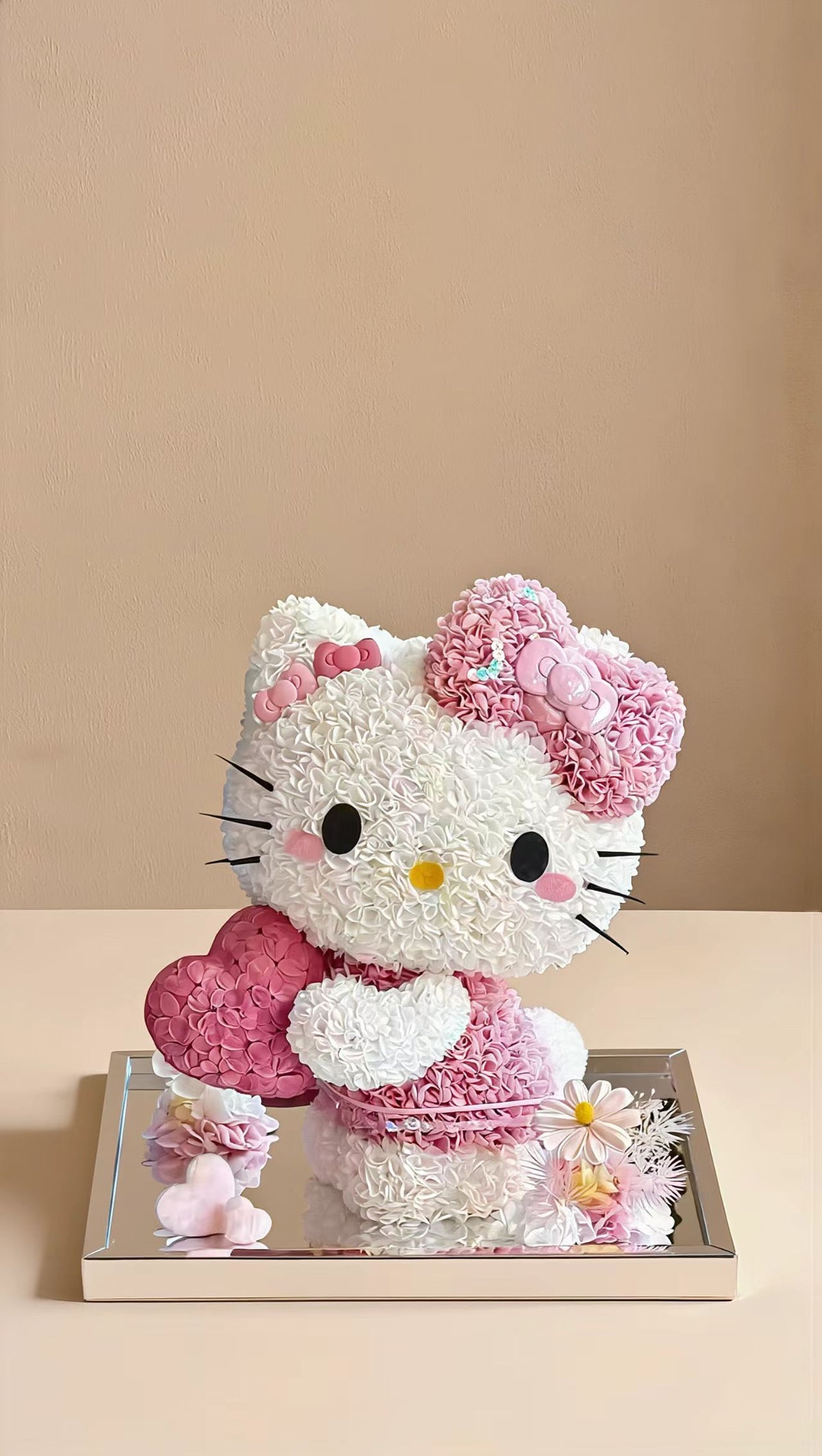 Pink & White Kitty Floral Arrangement with Heart & Bow