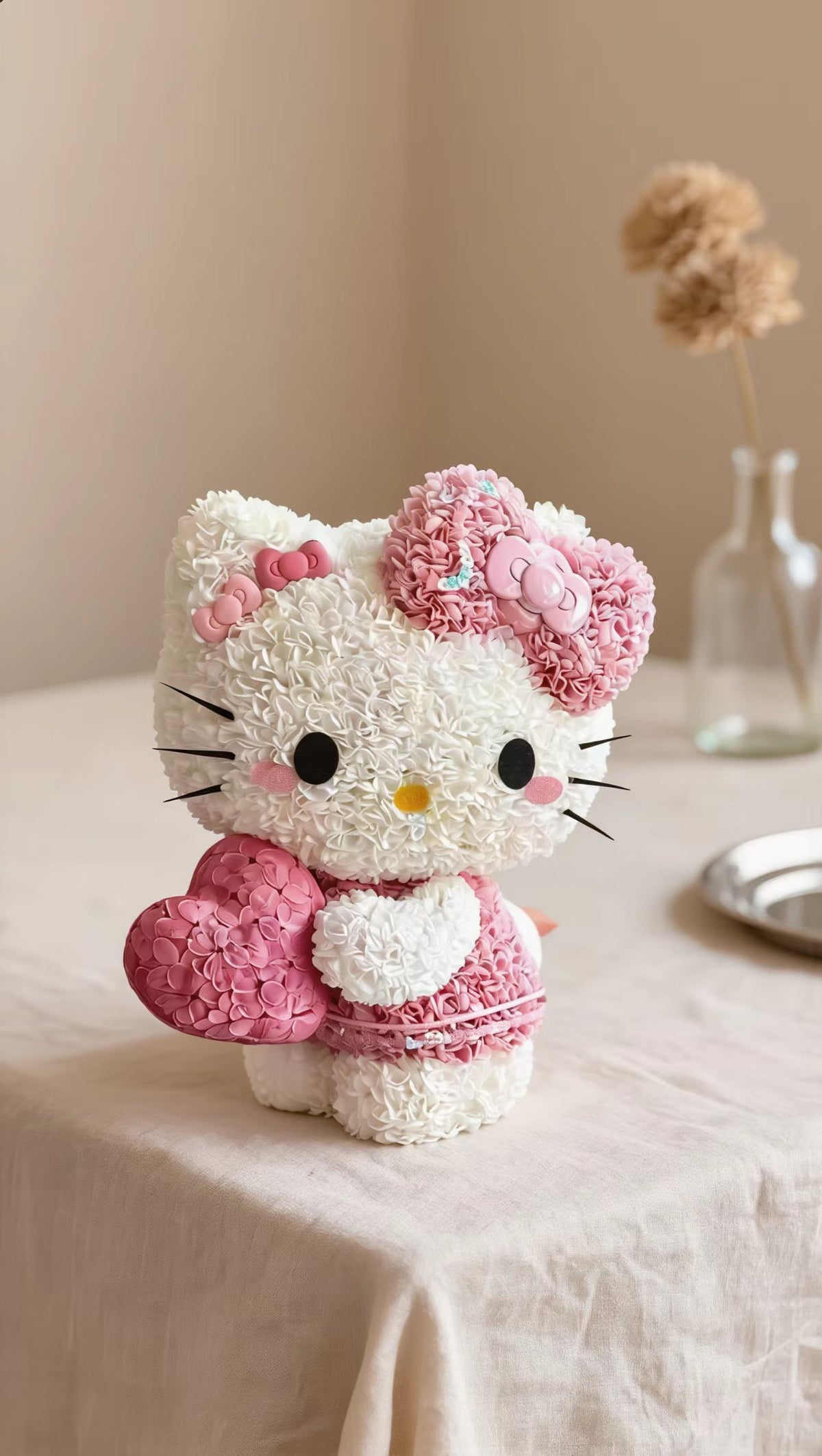 Pink & White Kitty Floral Arrangement with Heart & Bow