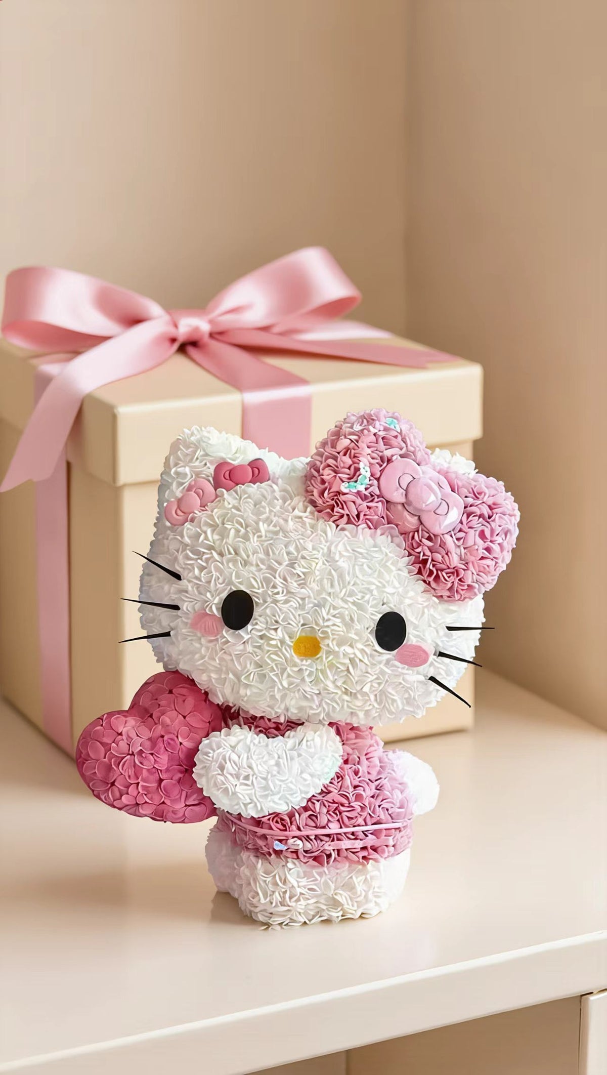 Pink & White Kitty Floral Arrangement with Heart & Bow