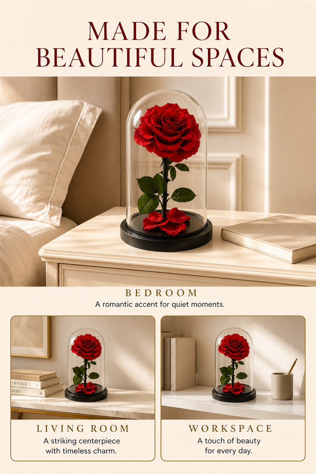 Red Preserved Rose in Glass Dome with Black Base, Single Rose Floral Display Gift for Anniversary, Birthday, Valentine's Day and Home Decor-thumbmail-1