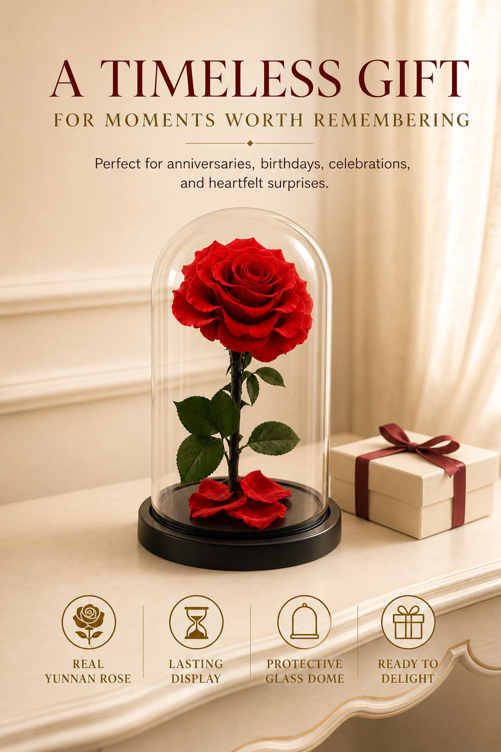 Red Preserved Rose in Glass Dome with Black Base, Single Rose Floral Display Gift for Anniversary, Birthday, Valentine's Day and Home Decor-thumbmail-2