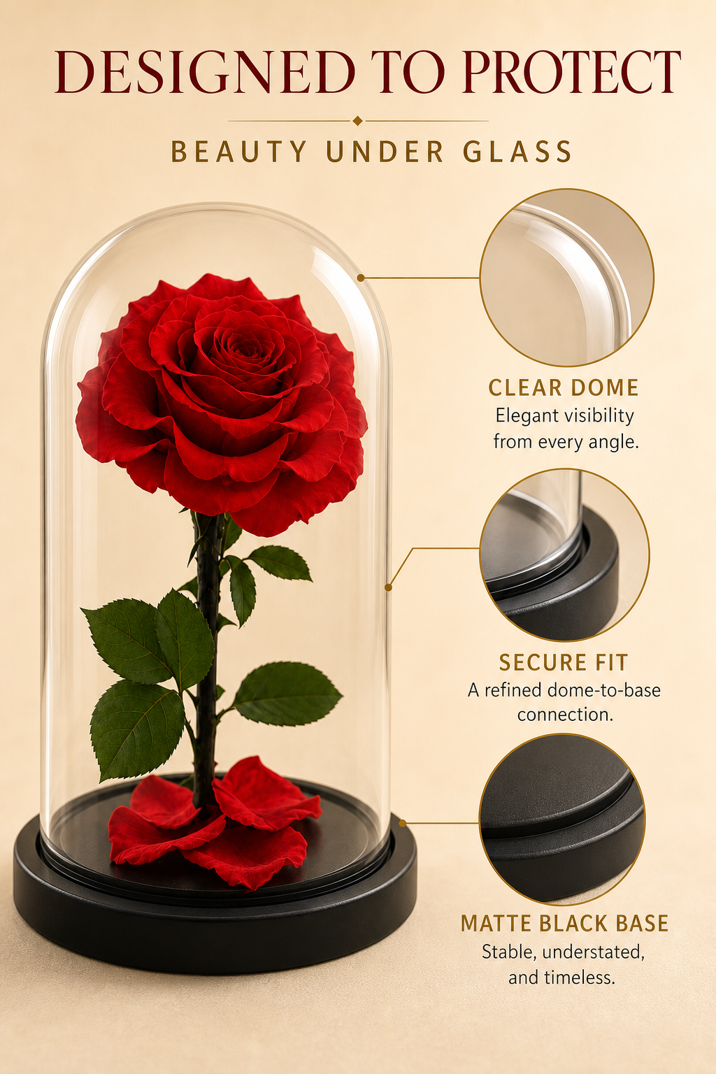 Red Preserved Rose in Glass Dome with Black Base, Single Rose Floral Display Gift for Anniversary, Birthday, Valentine's Day and Home Decor-thumbmail-7