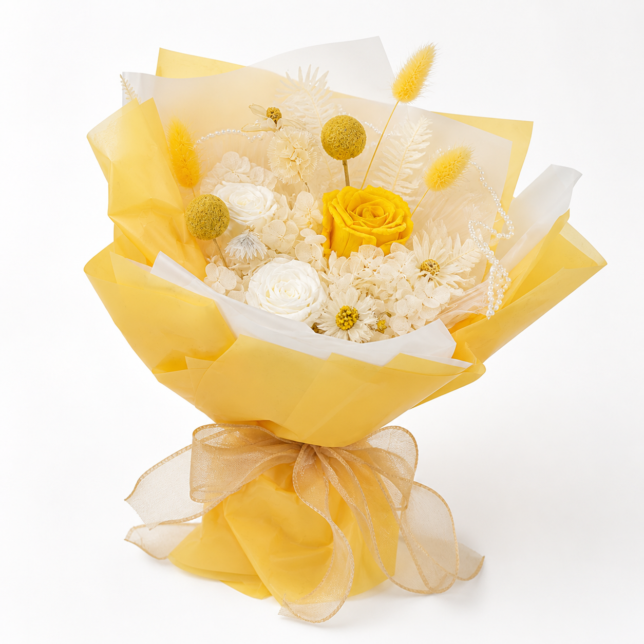 Yellow & Ivory White Preserved Rose Bouquet with Champagne Ribbon – Elegant Gift for Birthday, Anniversary and Celebration-thumbmail-1