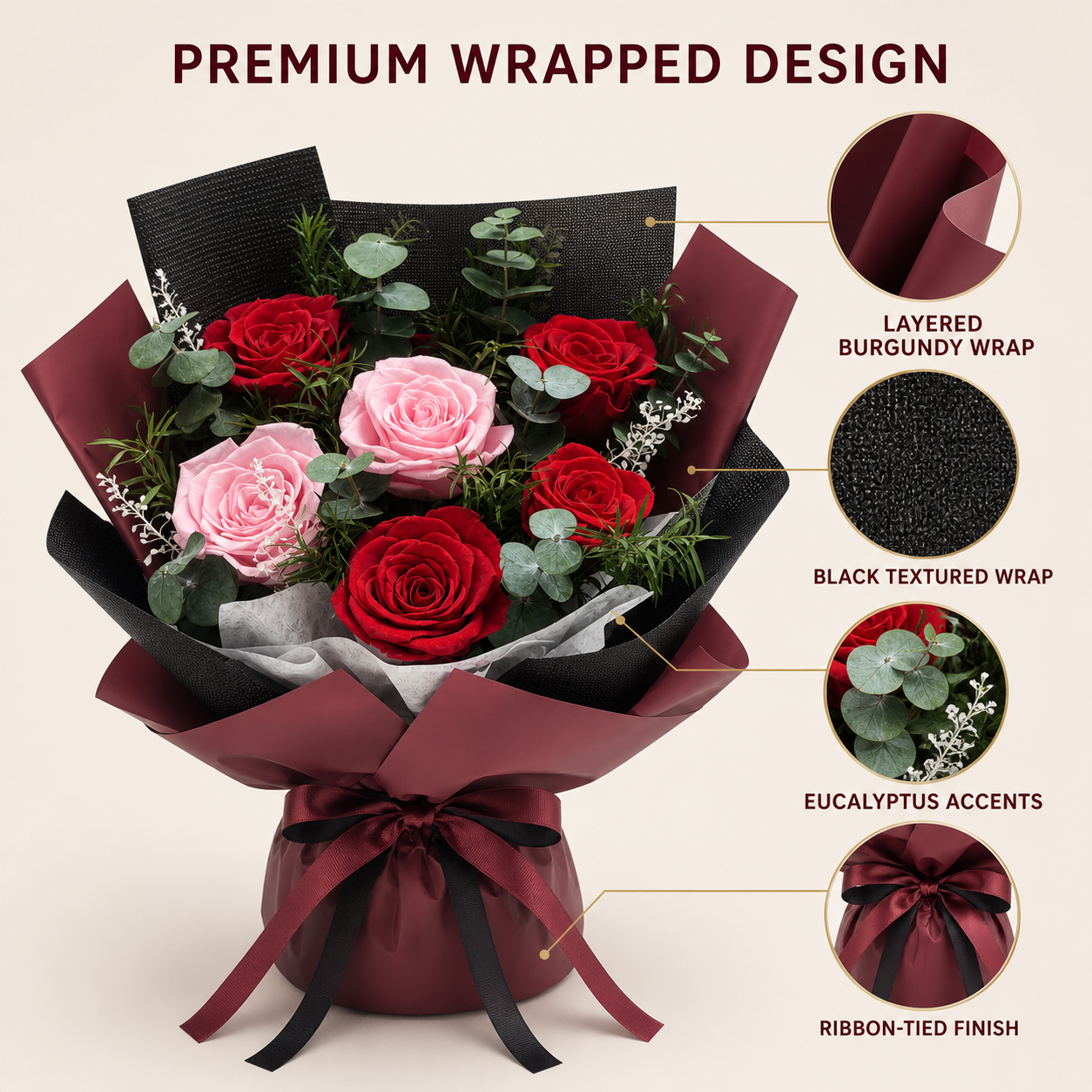 Red & Pink Preserved Rose Bouquet with Burgundy Wrapping – Romantic Gift for Birthday, Anniversary and Valentine's Day-thumbmail-2