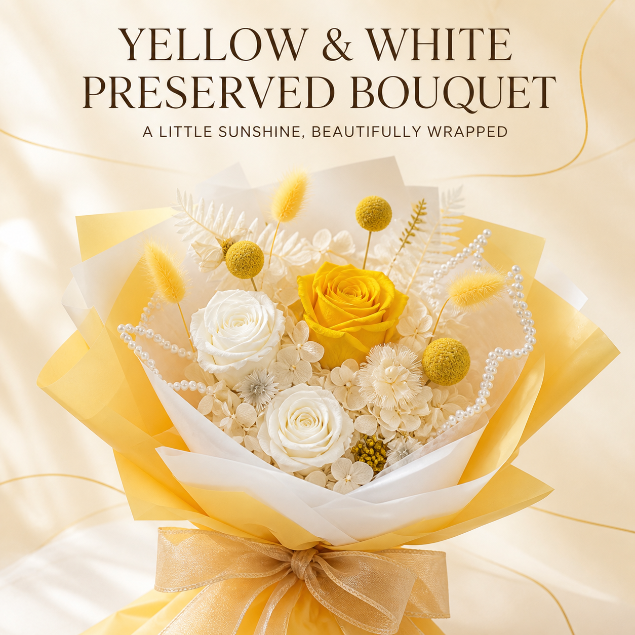 Yellow & Ivory White Preserved Rose Bouquet with Champagne Ribbon – Elegant Gift for Birthday, Anniversary and Celebration-thumbmail-2