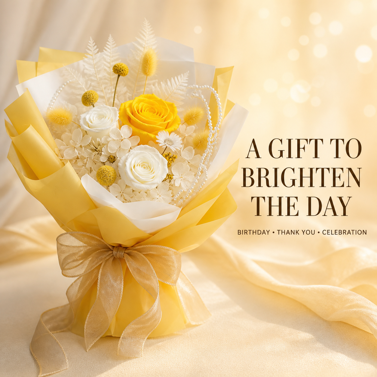 Yellow & Ivory White Preserved Rose Bouquet with Champagne Ribbon – Elegant Gift for Birthday, Anniversary and Celebration-thumbmail-4