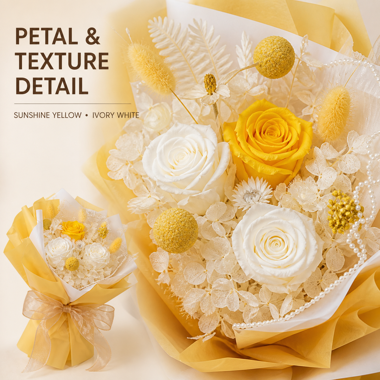 Yellow & Ivory White Preserved Rose Bouquet with Champagne Ribbon – Elegant Gift for Birthday, Anniversary and Celebration-thumbmail-3