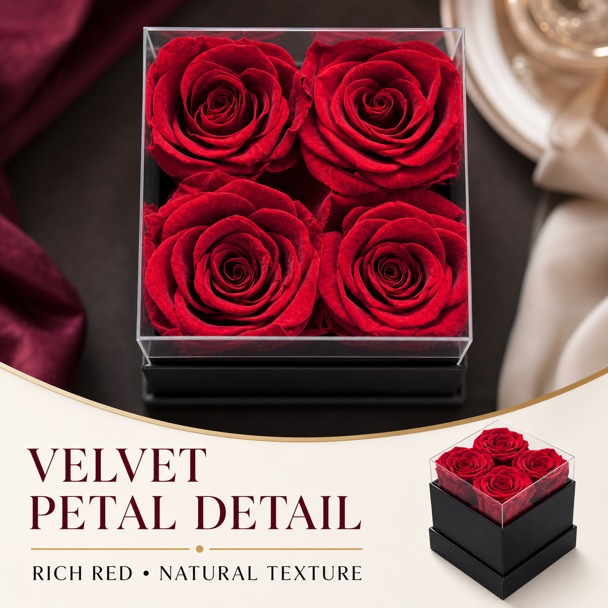 4 Preserved Red Roses in Black Gift Box with Clear Acrylic Cover, Romantic Floral Gift for Birthday, Anniversary and Valentine's Day-thumbmail-3
