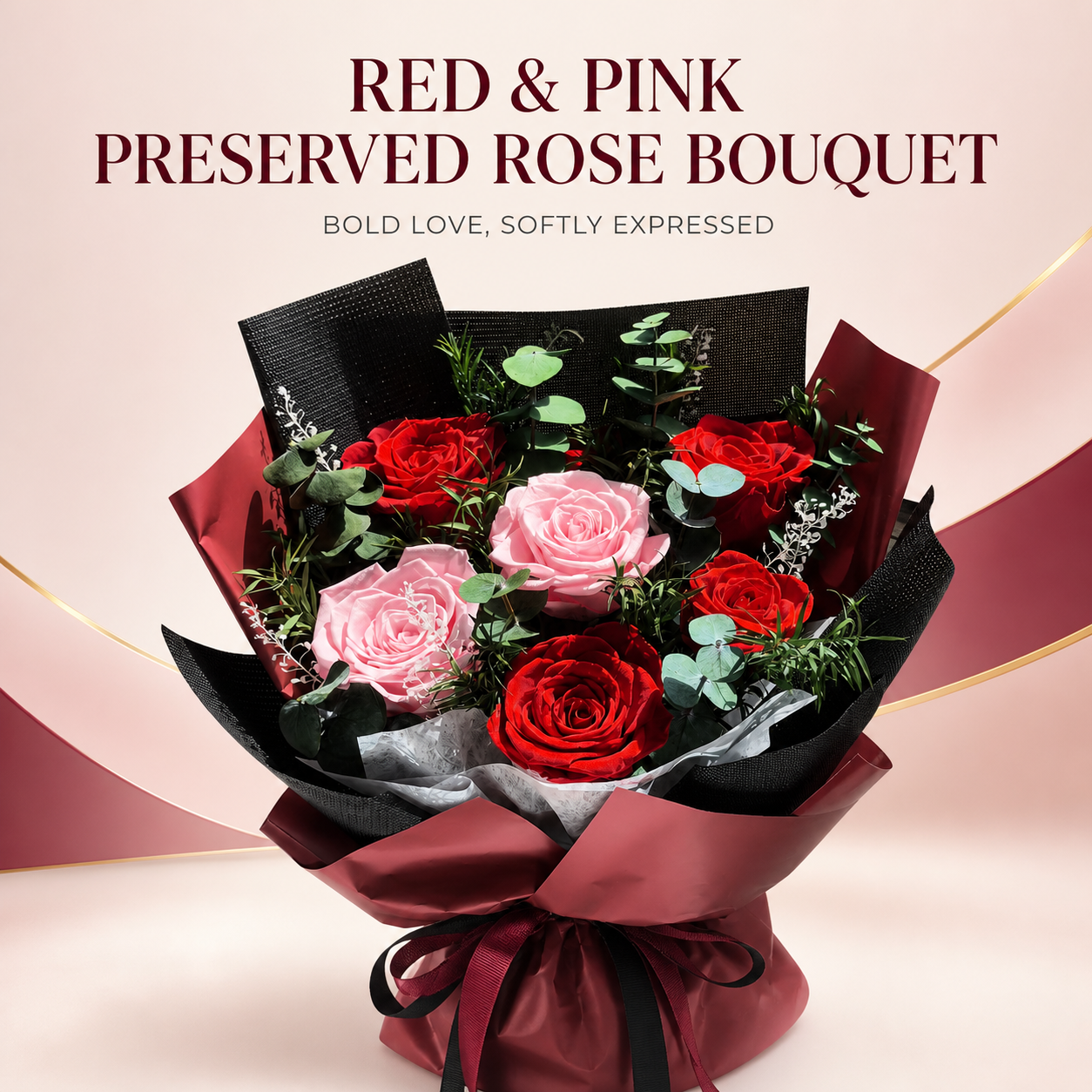 Red & Pink Preserved Rose Bouquet with Burgundy Wrapping – Romantic Gift for Birthday, Anniversary and Valentine's Day-thumbmail-4