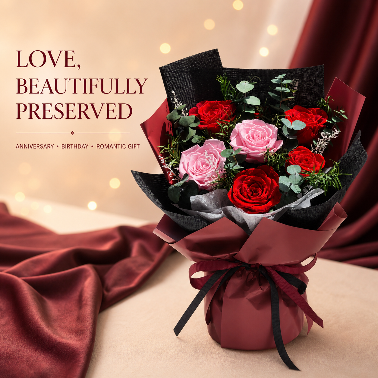 Red & Pink Preserved Rose Bouquet with Burgundy Wrapping – Romantic Gift for Birthday, Anniversary and Valentine's Day-thumbmail-5