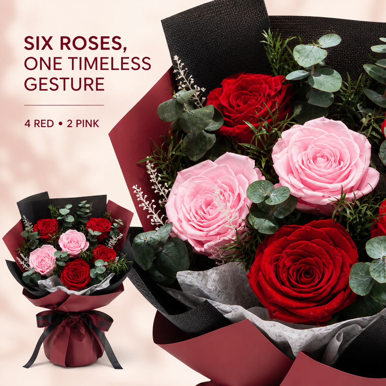 Red & Pink Preserved Rose Bouquet with Burgundy Wrapping – Romantic Gift for Birthday, Anniversary and Valentine's Day-thumbmail-3