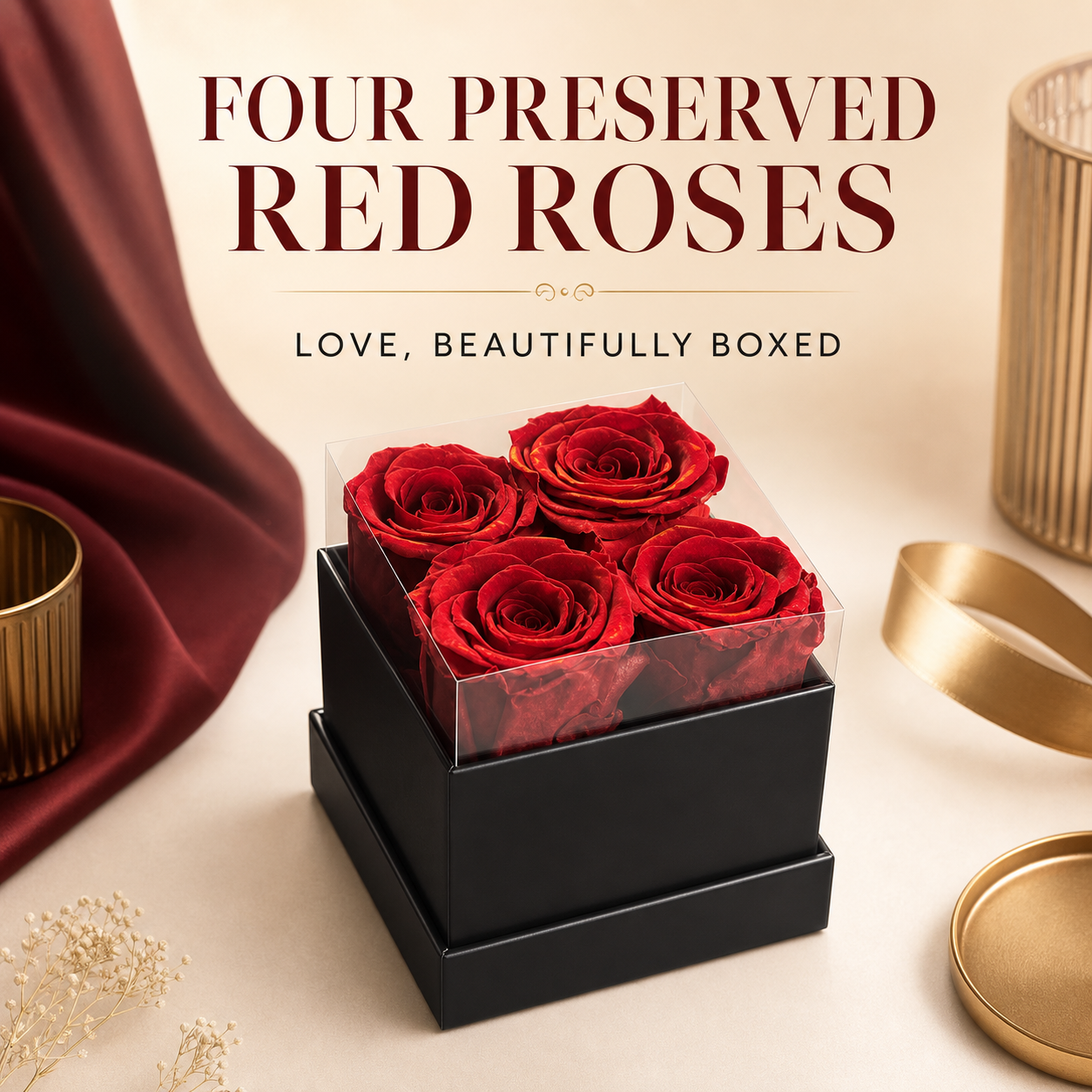 4 Preserved Red Roses in Black Gift Box with Clear Acrylic Cover, Romantic Floral Gift for Birthday, Anniversary and Valentine's Day-thumbmail-6