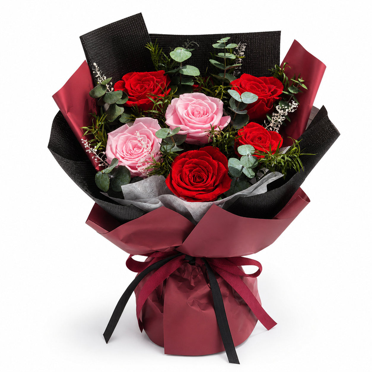 Red & Pink Preserved Rose Bouquet with Burgundy Wrapping – Romantic Gift for Birthday, Anniversary and Valentine's Day-thumbmail-1