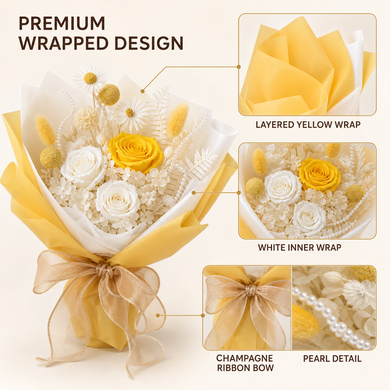 Yellow & Ivory White Preserved Rose Bouquet with Champagne Ribbon – Elegant Gift for Birthday, Anniversary and Celebration-thumbmail-5