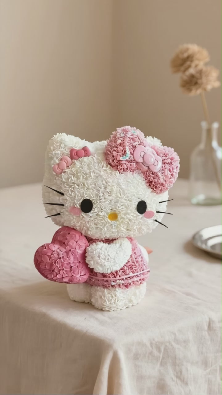 Pink & White Kitty Floral Arrangement with Heart & Bow