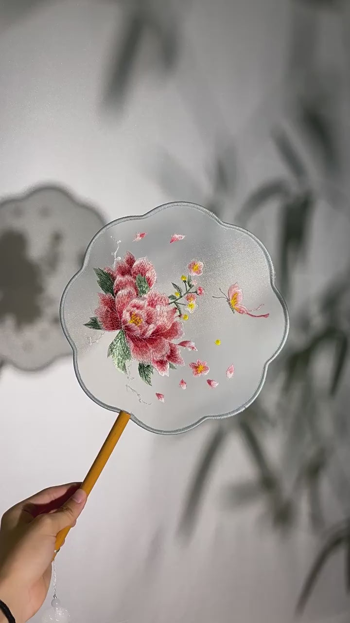 Double-sided embroidered round fan featuring the Peony Fairy